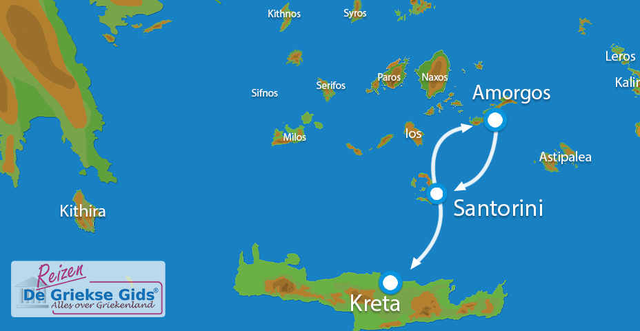 Kaart Eilandhoppen Amorgos Santorini Kreta